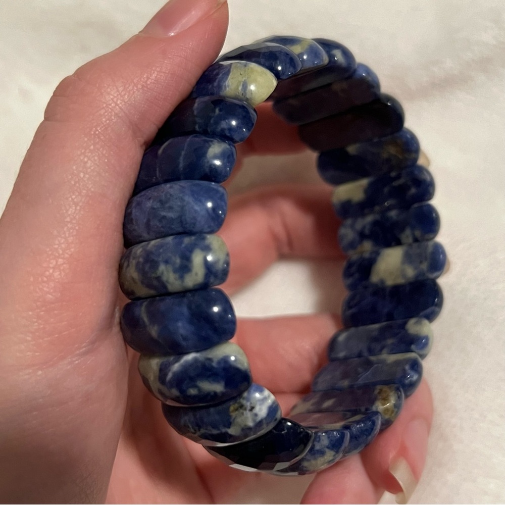 Blue & White Faceted Sodalite Stone Stretch Beaded Bracelet Real Gemstone